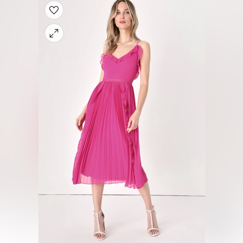 Lulus XL MAGENTA PINK TIE-STRAP PLEATED MIDI DRESS - Picture 1 of 4